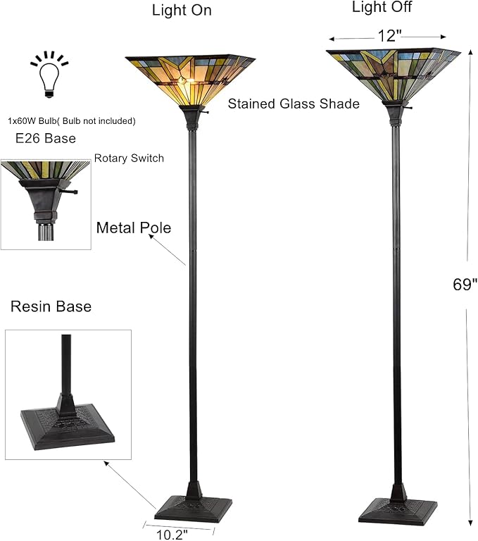 Tiffany Style Mission Floor Lamp Stained Glass Shade Torchiere Lamps, Vintage Uplight Standing Light Fixture for Living Room Bedroom Office, Multi-Colored