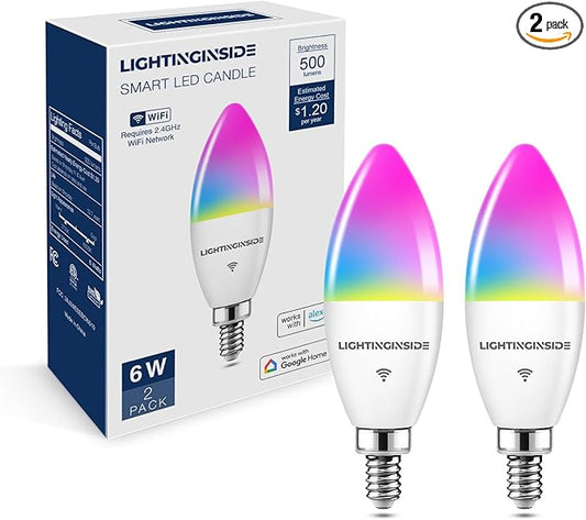 Lightinginside E12 Smart Light Bulbs 60W Equiv., Work with Alexa/Google Home/Smart Life, 500LM 6W RGBCW Candle Candelabra LED Light Bulbs, No Hub Required, 2.4G WiFi Bluetooth Bulb, ETL Listed, 2PCS