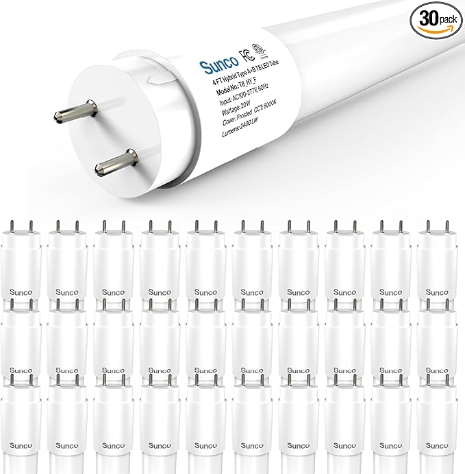 Sunco 30 Pack T8 LED Bulbs 4 Foot, 48 Inch Tube Light Bulbs Fluorescent Replacement, Single or Double Ended Hybrid Type A+B, 2400 LM, 20W, 6000K Daylight Deluxe, Frosted Lens ETL