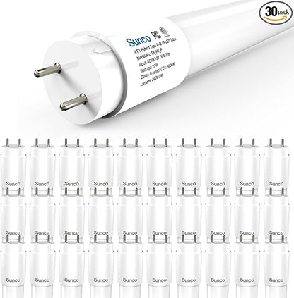 Sunco 30 Pack T8 LED Bulbs 4 Foot, 48 Inch Tube Light Bulbs Fluorescent Replacement, Single or Double Ended Hybrid Type A+B, 2400 LM, 20W, 6000K Daylight Deluxe, Frosted Lens ETL