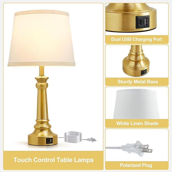 Touch Lamps for Nightstand Set of 2 - Gold Table Lamp for Bedroom Dimmable Bedside Lamps with USB C+A Ports - Lamps for Night Stands Living Room End Table,2 LED Bulbs Included