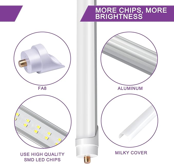 8FT Led Bulbs, Double Row Super Bright 72W 5000K T8 8FT Led Shop Light Bulbs, 9000LM FA8 Single Pin 8 Foot Led Light, 8' Led Bulbs to Replace F96t12 Fluorescent Light Bulb 6 Pack