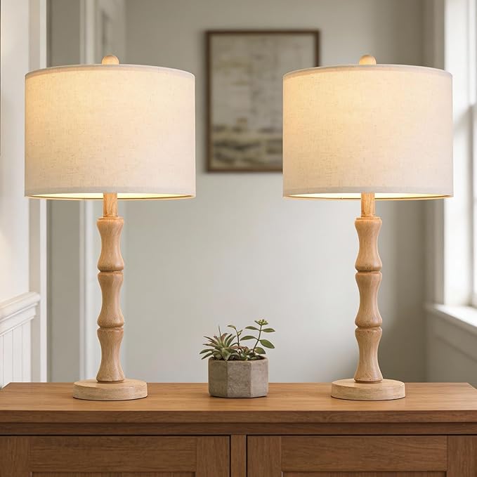 BOBOMOMO 25" Farmhouse Table Lamps Set of 2, Rustic Nightstand Lamps with Wood Grain Resin Base & Linen Shade, Standard Table Lamps for Bedroom, Living Room, Reading Nock & House Décor