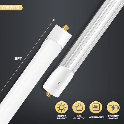 8 Foot Led Bulbs T8 T12 LED 8ft Tube Light F96T8 F96T12 LED Bulb 96" FA8 Single Pin LED Fluorescent Replacement, (100W Fluorescent Equivalent) 6500K CW Daylight Milky Cover, 10 Pack