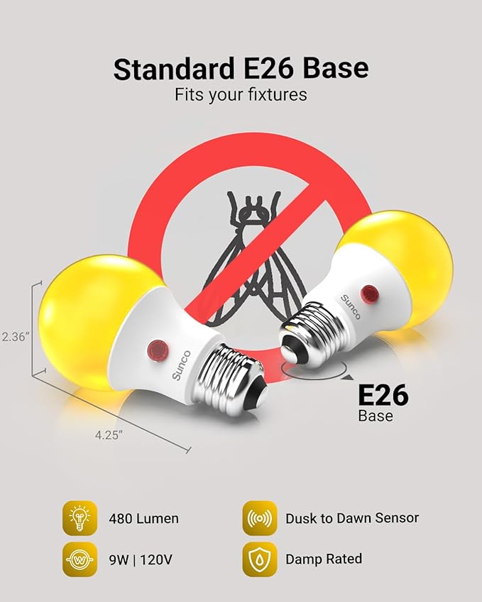 Sunco Yellow Light Bulbs Outdoor A19, LED Bug Lights for Outside Dusk to Dawn, 480 LM, 9W, 2000K Amber Glow, Auto On/Off Photocell Sensor, E26 Base, for Porch Patio Deck Backyard UL 4 Pack.