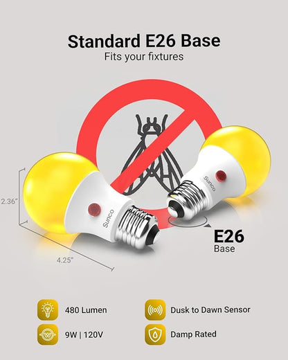 Sunco Yellow Light Bulbs Outdoor A19, LED Bug Lights for Outside Dusk to Dawn, 480 LM, 9W, 2000K Amber Glow, Auto On/Off Photocell Sensor, E26 Base, for Porch Patio Deck Backyard UL 4 Pack.