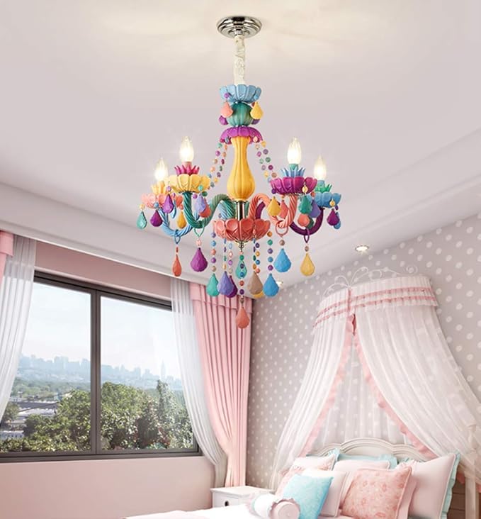 LAKIQ Colorful Crystal Hanging Chandelier Light Fixture 6 Lights European Girls Room Pendant Ceiling Lighting Candle Chandelier for Girls Bedroom Living Room Dining Room Coffee Shop (Style A)