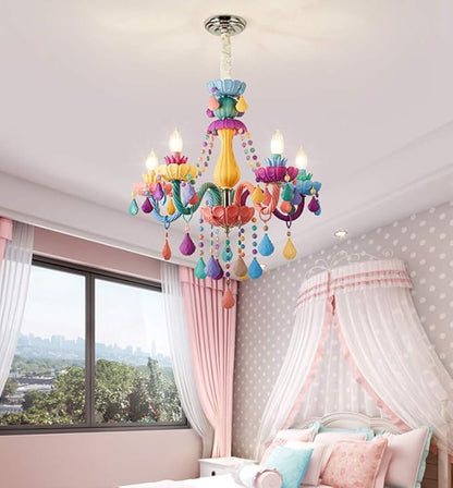 LAKIQ Colorful Crystal Hanging Chandelier Light Fixture 6 Lights European Girls Room Pendant Ceiling Lighting Candle Chandelier for Girls Bedroom Living Room Dining Room Coffee Shop (Style B)