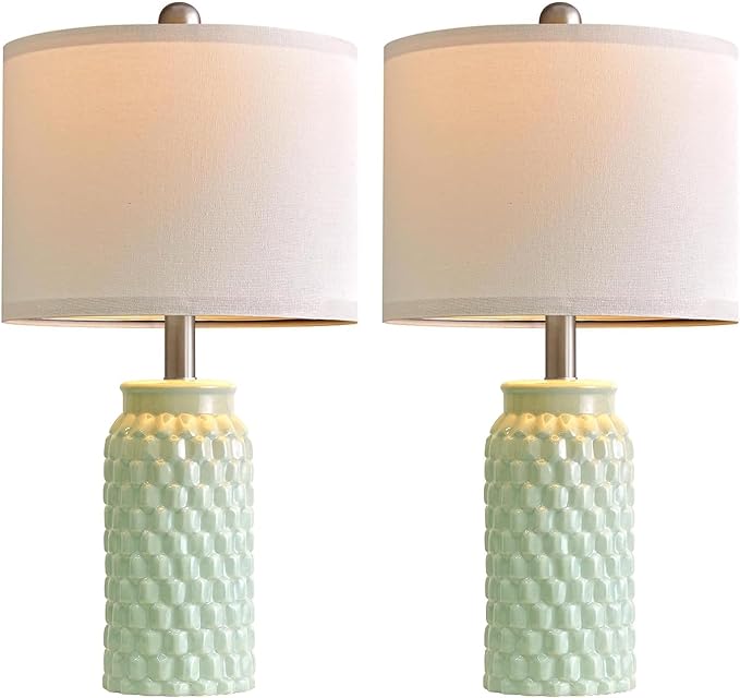 20.5" Set of 2 Bedside Table Lamps Modern Green Honeycomb Ceramic - Linen Shade, E26 Knob Switch for Living Room, Bedroom & Nightstand