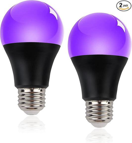 LED Black Light Bulbs - 8W(60Watt Equivalent), Black Light Bulbs with E26 Base, UVA Level 395-400nm, Glow in The Dark for Blacklights Party, Body Paint, Halloween, Neon Glow, 2 Pack