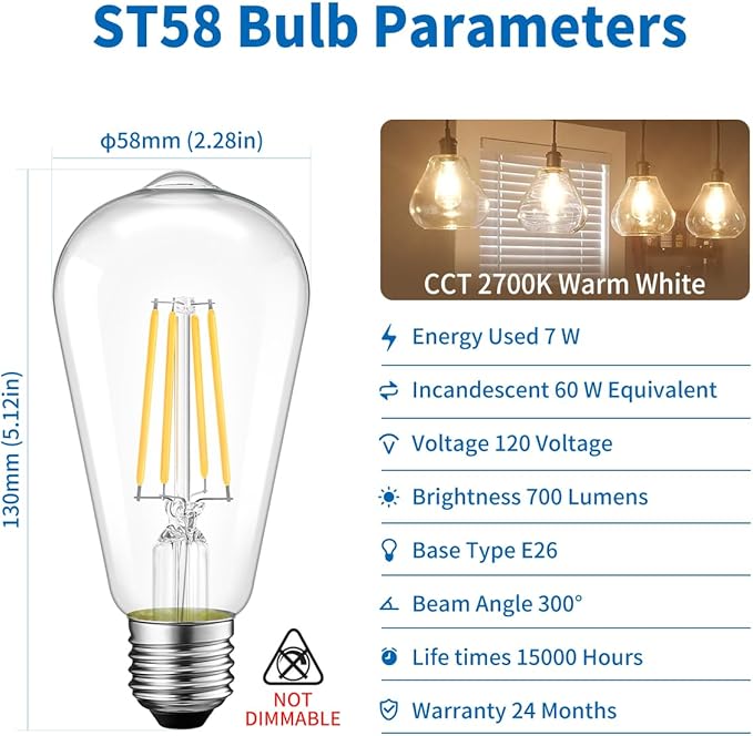 ANWIO Vintage LED Edison Bulbs 12-Pack, 7W, Equivalent 60W, Non-Dimmable, ST58 2700K Warm White Antique LED Filament Bulbs,E26 Medium Base, Clear Glass Style for Home and Commercial