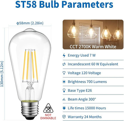 ANWIO Vintage LED Edison Bulbs 12-Pack, 7W, Equivalent 60W, Non-Dimmable, ST58 2700K Warm White Antique LED Filament Bulbs,E26 Medium Base, Clear Glass Style for Home and Commercial