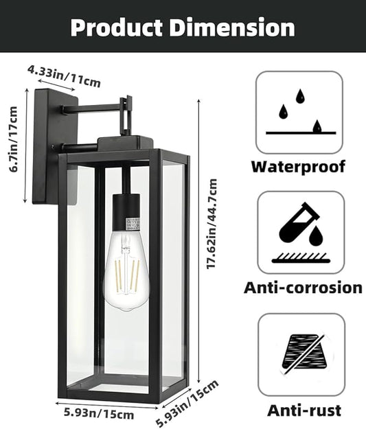 2 Pack Large Outdoor Wall Sconce, 18 Inch Black Wall Lantern Large Size Porch Light for House Outside Wall Light Fixture for Garage, Patio Light with with Glass Shade, E26 Socket