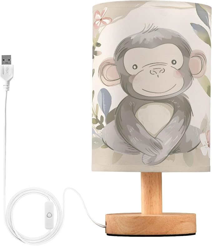 Bedside Lamp Monkey Pink Flower Table Lamp for Bedroom LED Nightstand Lamp Shade USB Ports Wood Base for Living Room Dorm Office