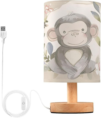 Bedside Lamp Monkey Pink Flower Table Lamp for Bedroom LED Nightstand Lamp Shade USB Ports Wood Base for Living Room Dorm Office