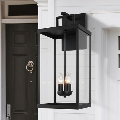 25'' Outdoor Wall Lantern, 4-Light Modern Large Exterior Wall Sconce Light Fixtures, Black Porch Light with Glass, Waterproof Outside Lighting for Patio Front Door Entryway