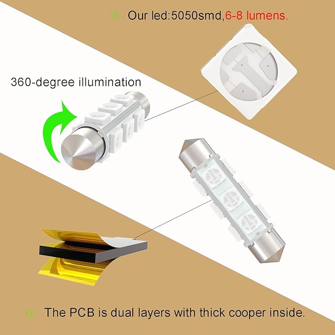 360 deg 42mm DC 12V Festoon LED Bulb 578 569 Amber Yellow,561 562 566 6413 LED Car Bulb for Automotive Interior Door Cargo Lights Non Polarity(Pack 12)