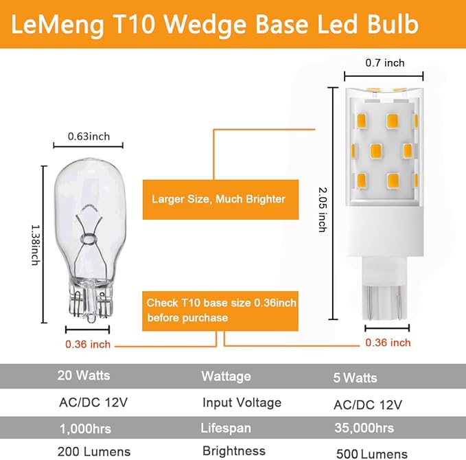50watt T10 Wedge Base 921 LED Light Bulb 5W 500lm,2700K Warm White,12VAC/DC for Outdoor Landscape Path,Automotive RV Camper Trailer Motorhome 5th Wheel Marine Boat Dome Fixture Lighting-6 Pack