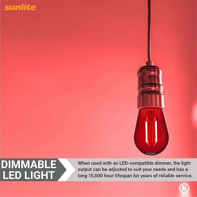 Sunlite LED S14 String Light Bulb, 2 Watts (25W Equivalent), Medium E26 Base, Party Decoration, Holiday Lighting, Transparent, Dimmable, UL Listed, Red, 6 Count