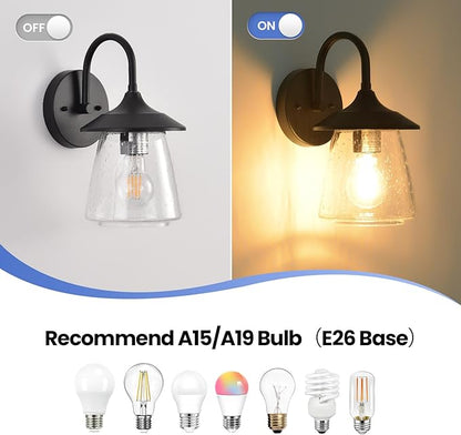 Outdoor Wall Sconce, Exterior Waterproof Wall Light Fixture, Outside Porch Light with Bubble Glass Shade, Matte Black Outdoor Wall Lantern for Patio, Garage, entryway, 2-Pack