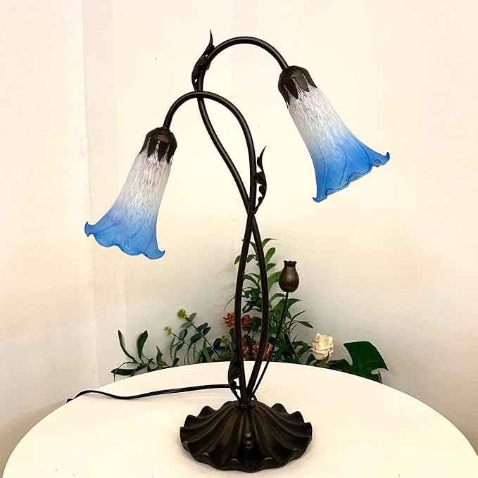 Bieye L10853 Lily Flower Blown Glass Accent Table Lamp for Living Room Bedroom Decoration (2-Light, Blue)