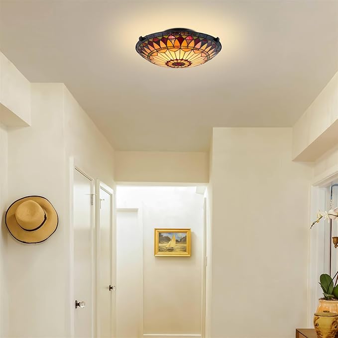 Kira Home Mateo 16" 2-Light Tiffany Glass Flush Mount Ceiling Light, Black Finish