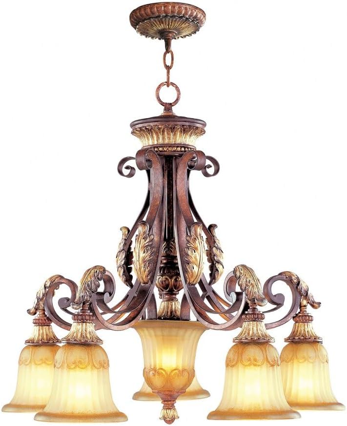 Livex Lighting 8575-63 Villa Verona 5 Light Verona Bronze Finish Chandelier with Aged Gold Leaf Accents and Rustic Art Glass