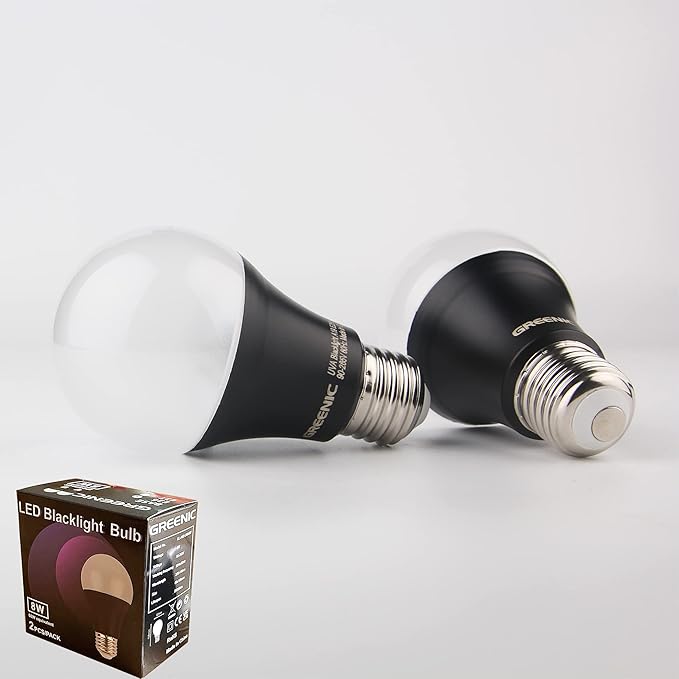 GREENIC UV Led Black Light Bulb 2 Pack, 8W (60W Equivalent) A19 E26 Blacklight Bulb UVA Level 385-400nm, Glow in Dark for Body Paint Club Party Neon Posters