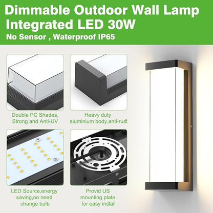 Sytmhoe 10%-100% Dimming LED Modern Outdoor Wall Light, 16in 3000K Dimmable Porch & Patio Wall Light Fixture,Black Aluminum&Dual PC Wall Lights Suitable for Garage Living Room Courtyard House(3000K)