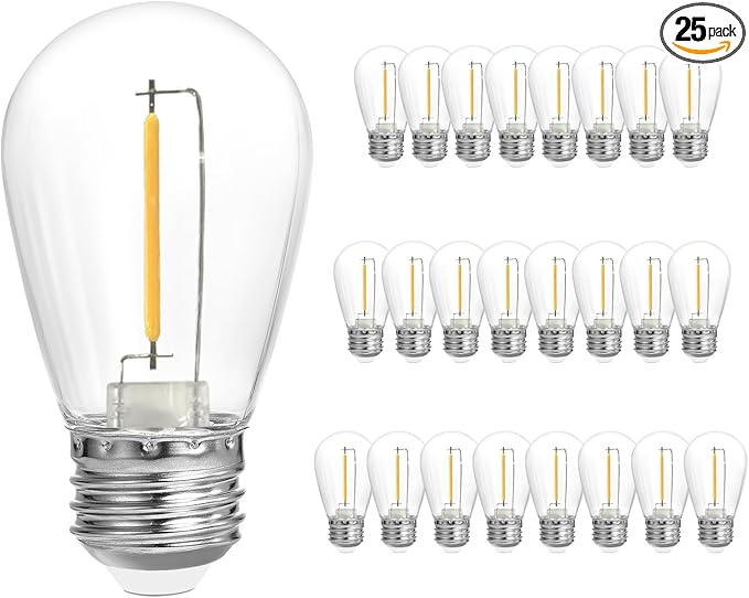SUNTHIN 25 Pack Dimmable 1W S14 Replacement LED Bulbs, 2700K Warm White Waterproof Outdoor String Lights Vintage Filament Bulb, Shatterproof E26 Screw Base Edison LED Light Bulbs