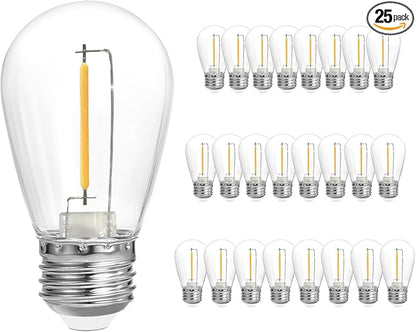 SUNTHIN 25 Pack Dimmable 1W S14 Replacement LED Bulbs, 2700K Warm White Waterproof Outdoor String Lights Vintage Filament Bulb, Shatterproof E26 Screw Base Edison LED Light Bulbs
