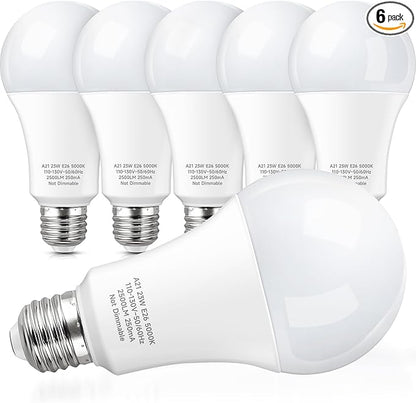 KINDEEP 23W LED Bulbs, A21 Super Bright Light Bulb, 150W-200W Incandescent Bulb Equivalent, E26 LED Light Bulbs, 2500 Lumens, Daylight White 5000K for Store, Garage, Warehouse, 6 Pack