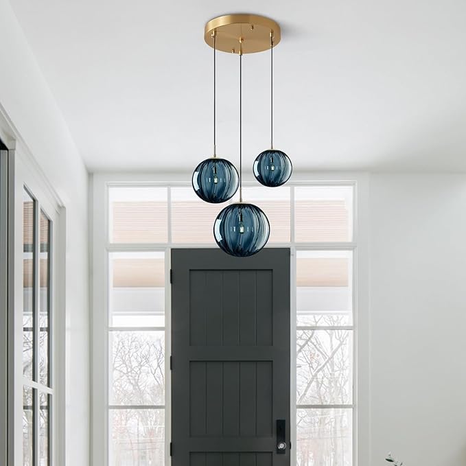 KCO Lighting Mid Century Modern 3-Lights Globe Pendant Light Fixture Brass Gold Cluster Pendant Light Kitchen Island Multi Light Pendant Lighting Ceiling Hanging Blue Glass Hanging Light