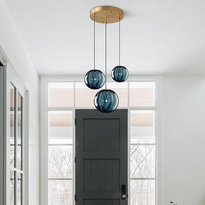 KCO Lighting Mid Century Modern 3-Lights Globe Pendant Light Fixture Brass Gold Cluster Pendant Light Kitchen Island Multi Light Pendant Lighting Ceiling Hanging Blue Glass Hanging Light
