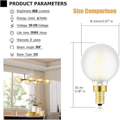 Leools Dimmable G16.5 LED Frosted Bulbs,4W Equal 40 Watt Light Bulb,400lm,Soft White 3000K,Frosted Glass,E12 Globe Light Bulb for Pendant,Vintage LED Filament Candle Bulb with Decorative,6Pcs