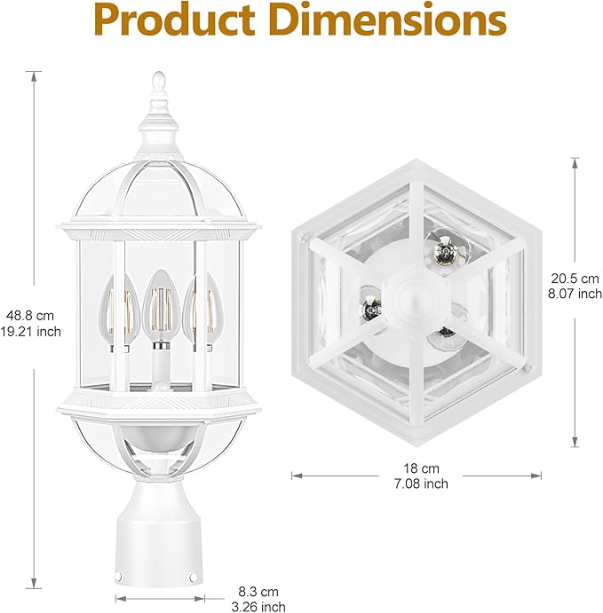 White Outdoor Post Light,19.21" 3-Light Lamp Post Light Fixture,Waterproof Anti-Rust Aluminum Pole Lights Outside Lantern for Garden,Yard,Patio,Pathway Lighting