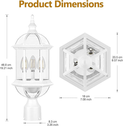 White Outdoor Post Light,19.21" 3-Light Lamp Post Light Fixture,Waterproof Anti-Rust Aluminum Pole Lights Outside Lantern for Garden,Yard,Patio,Pathway Lighting