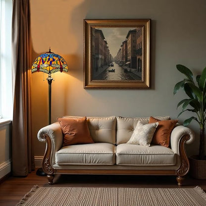 Baroque Tiffany Dragonfly Floor Lamp Orange Glass Vintage Standing Lamp with Pull Chain Traditional Stained Glass Floor Standing Reading Lights for Living Room Bedroom Home Farmhouse