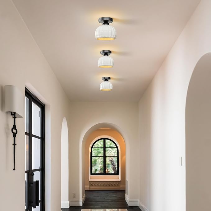 Black Semi Flush Mount Ceiling Light - 2 Pack, Glaze Ceramic Vintage Hallway Light Fixtures, Milk White Globe Ceiling Lights, Mid Century Small Light Fixture for Cottage Entryway Laundry Room Foyer