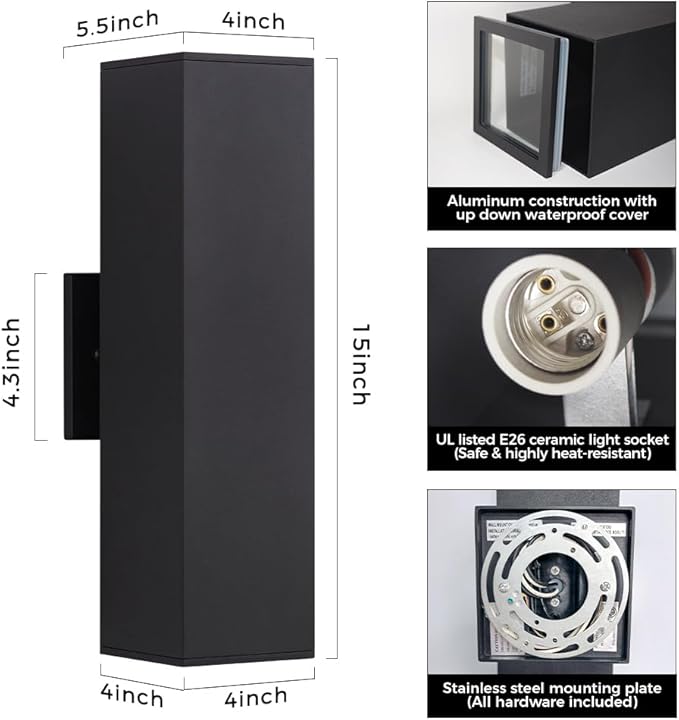Cerdeco 2 Pack Aluminum Modern Outdoor Wall Light, 15" Exterior Up Down Light Fixtures,Black Front Door Wall Lighting with E26 Sockets [ETL Listed]