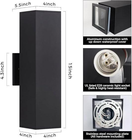 Cerdeco 2 Pack Aluminum Modern Outdoor Wall Light, 15" Exterior Up Down Light Fixtures,Black Front Door Wall Lighting with E26 Sockets [ETL Listed]