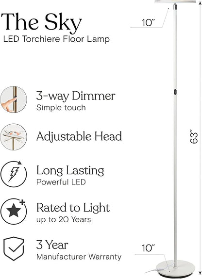 Brightech Sky LED Floor lamp, Torchiere Super Bright Floor Lamp for Living Room Decor & Office - Dimmable, Tall Standing Lamp with Warm Light for Bedroom & Reading - White