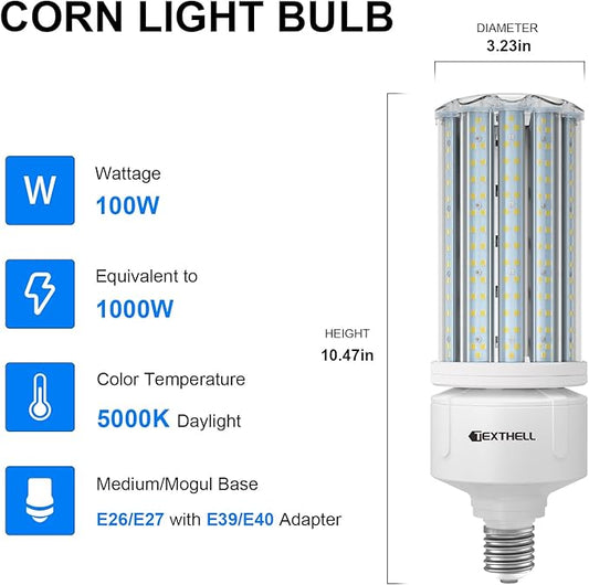 100W Led Corn Light Bulb 15000lm Bright 5000K Daylight White E26/E39 Base 1000W Equivalent LED Metal Halide HID CFL for Commercial Industrial Lighting Warehouse High Bay Light Garage Workshop(2-Pack)