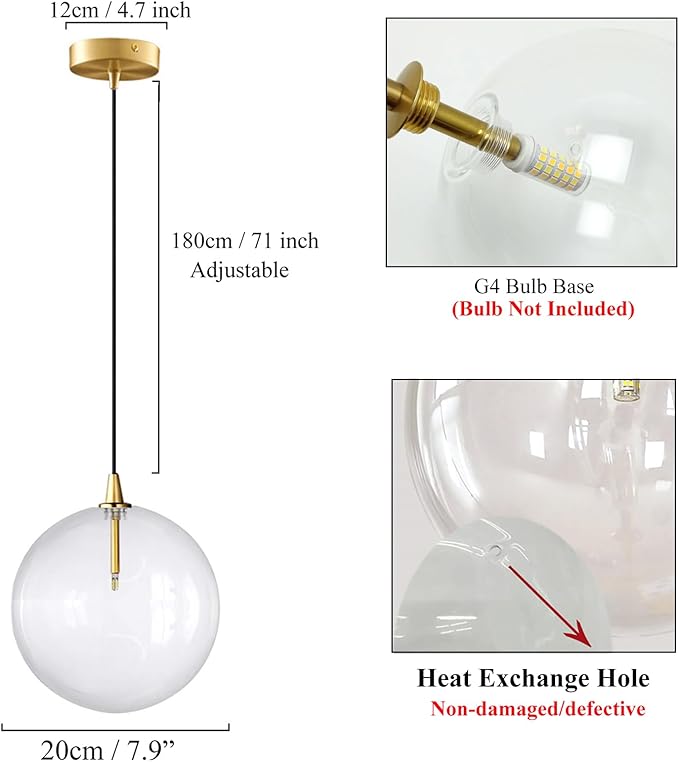 Minimalist Transparent Glass Ball Pendant Light in Gold Finish, Height Adjustable G4 LED Ceiling Haning Light for Dining Room & Living Room (20CM)