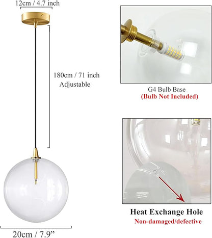 Minimalist Transparent Glass Ball Pendant Light in Gold Finish, Height Adjustable G4 LED Ceiling Haning Light for Dining Room & Living Room (20CM)