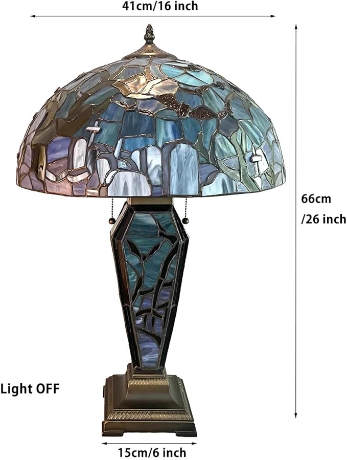 Bieye L13005 Tiffany-Style Stained Glass Table Lamp - Gothic Graveyard Night Scene with Bats, and Coffin-Shaped Base (Dark Green, 16Wx26H inch)