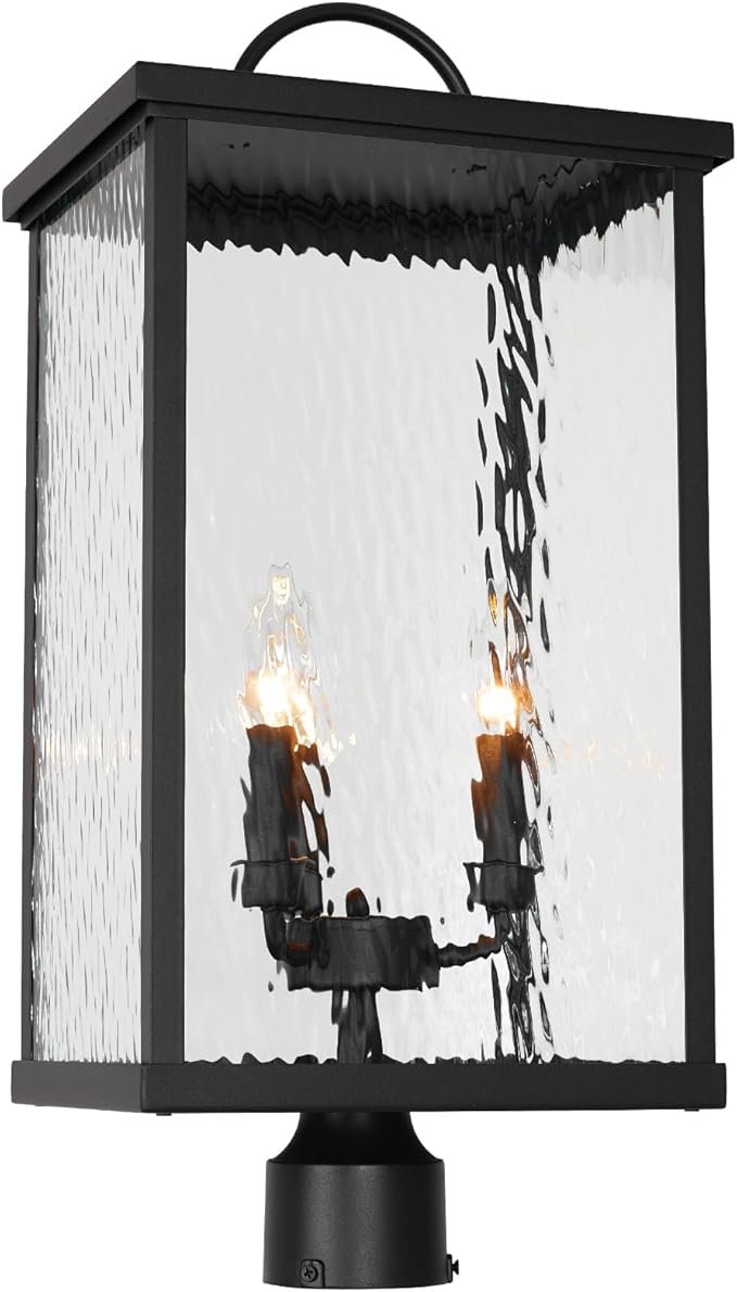 23" Large Outdoor Post Light Fixture, Modern Black Pole Lantern with Water Ripple Glass, Farmhouse Post Cap Lamp with E12 Sockets for Garden, Pathway, Courtyard, Porch, Driveway, Street