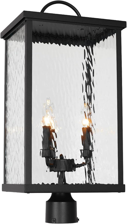 23" Large Outdoor Post Light Fixture, Modern Black Pole Lantern with Water Ripple Glass, Farmhouse Post Cap Lamp with E12 Sockets for Garden, Pathway, Courtyard, Porch, Driveway, Street