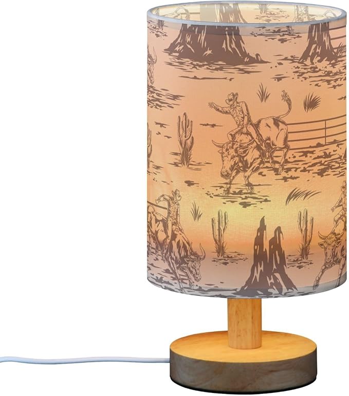 Bedside Lamp West Cactus Cowboy Table Lamp for Bedroom LED Nightstand Lamp Shade USB Ports Wood Base for Living Room Dorm Office