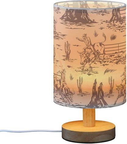 Bedside Lamp West Cactus Cowboy Table Lamp for Bedroom LED Nightstand Lamp Shade USB Ports Wood Base for Living Room Dorm Office